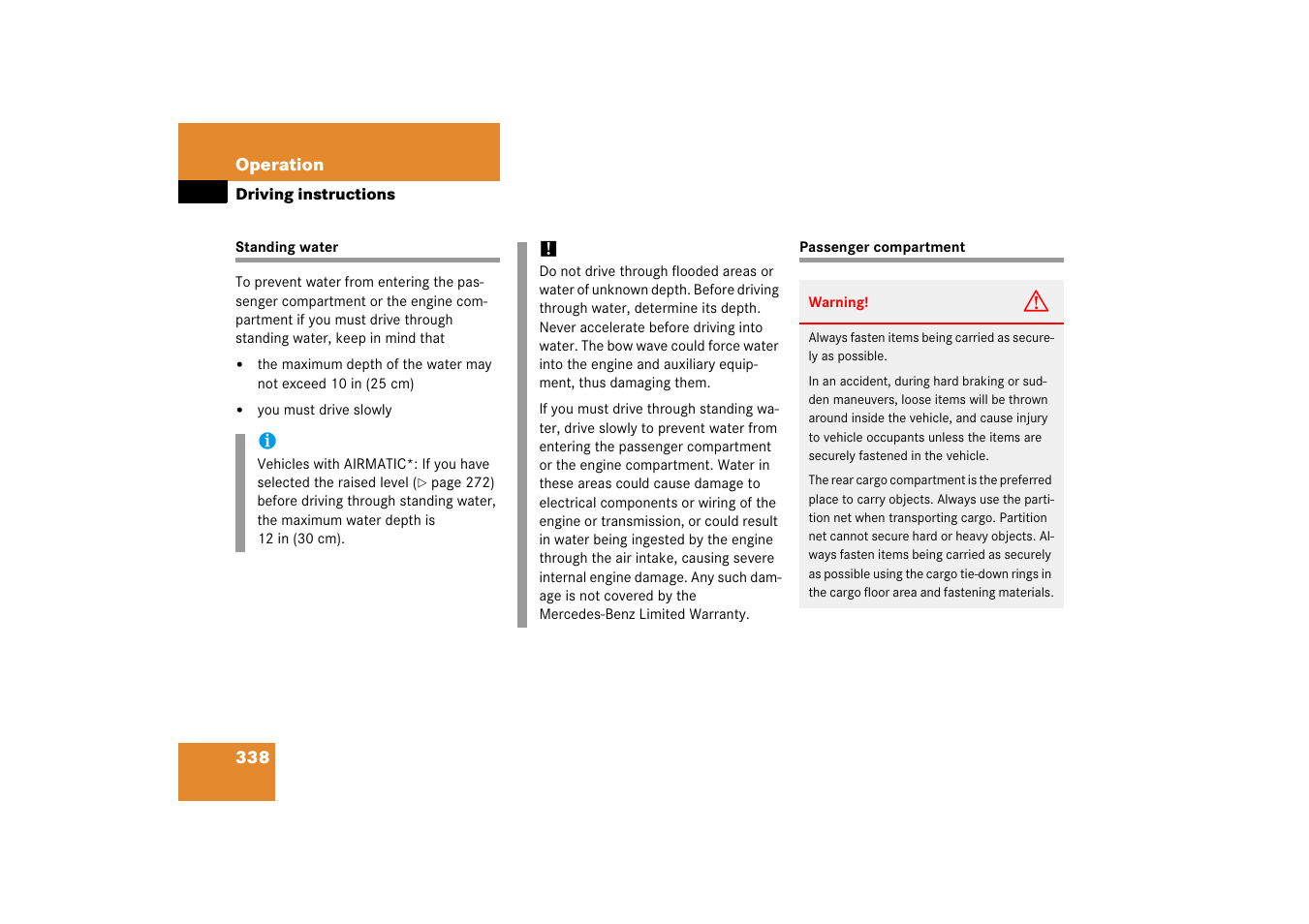 Standing water:driving instructions, Passenger compartment, Standing water passenger compartment | Mercedes-Benz R-Class 2006 Owners Manual User Manual | Page 339 / 561