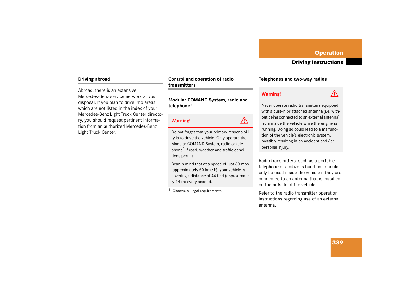 Driving abroad, Control and operation of radio transmitters | Mercedes-Benz R-Class 2006 Owners Manual User Manual | Page 340 / 561