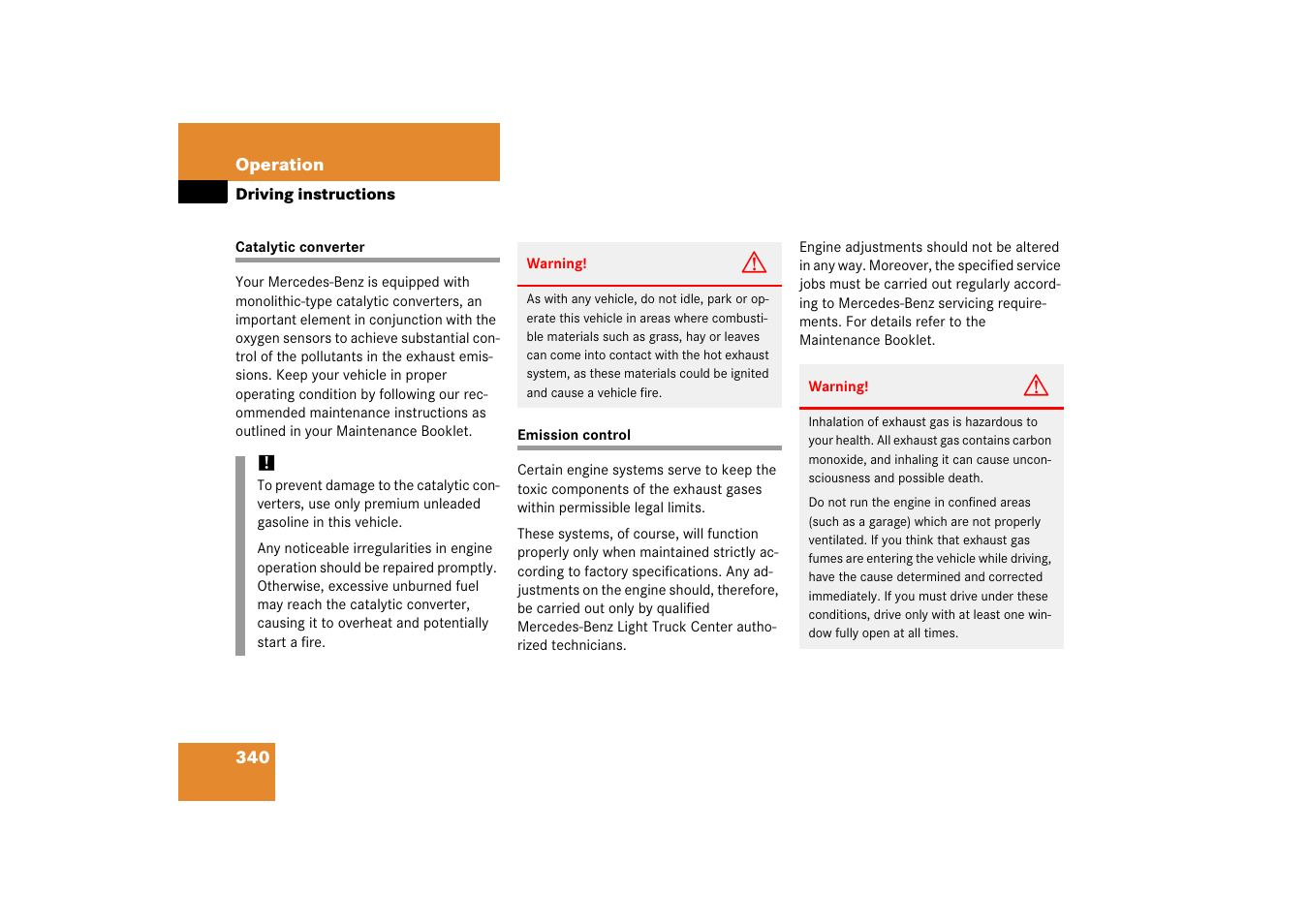 Catalytic converter, Emission control, Catalytic converter emission control | Mercedes-Benz R-Class 2006 Owners Manual User Manual | Page 341 / 561