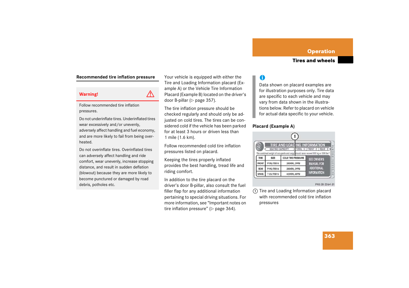 Recommended tire inflation pressure, See “recommended tire inflation pres- sure | Mercedes-Benz R-Class 2006 Owners Manual User Manual | Page 364 / 561