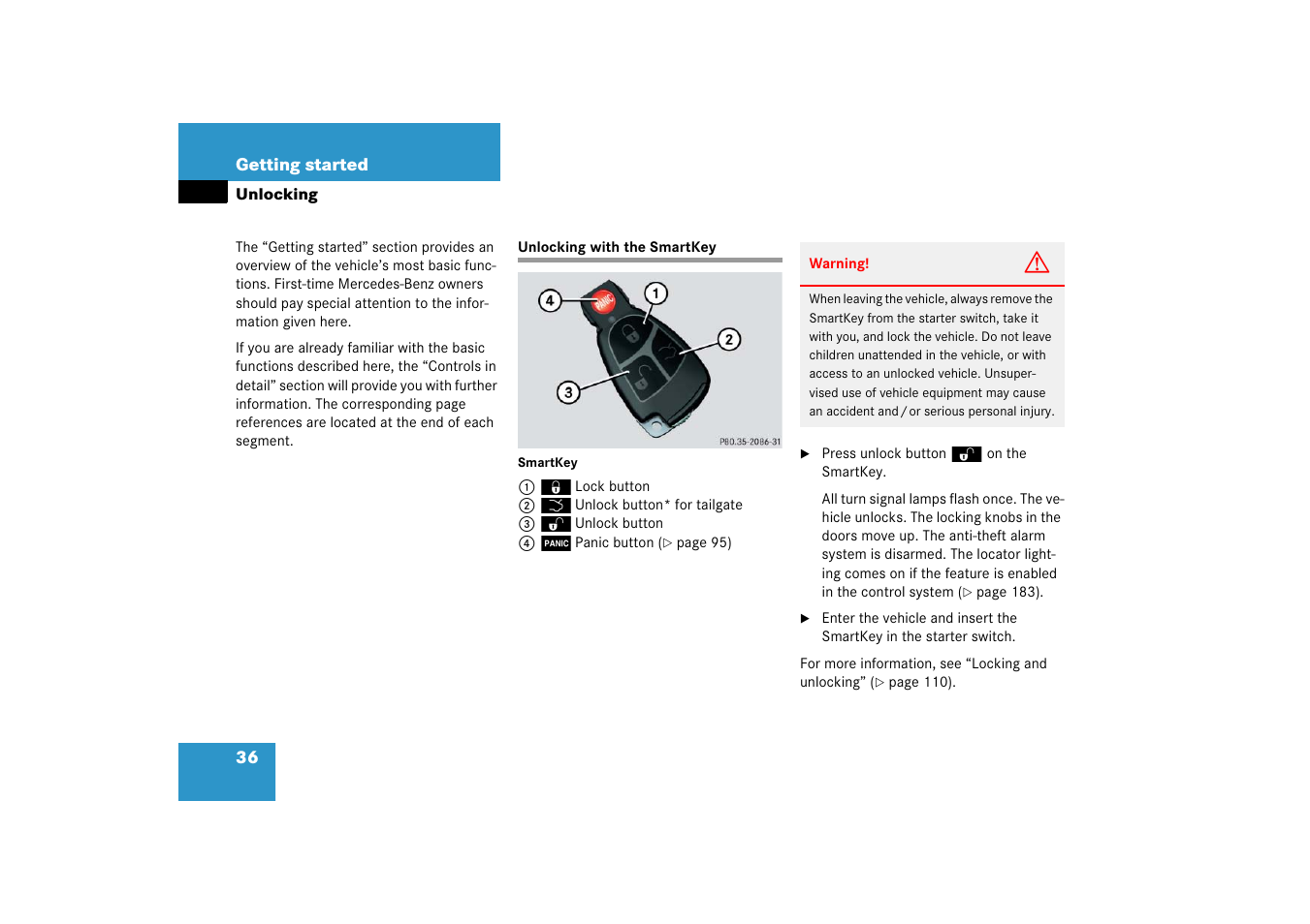 Unlocking, Unlocking:with the smartkey, Unlocking with the smartkey | Mercedes-Benz R-Class 2006 Owners Manual User Manual | Page 37 / 561