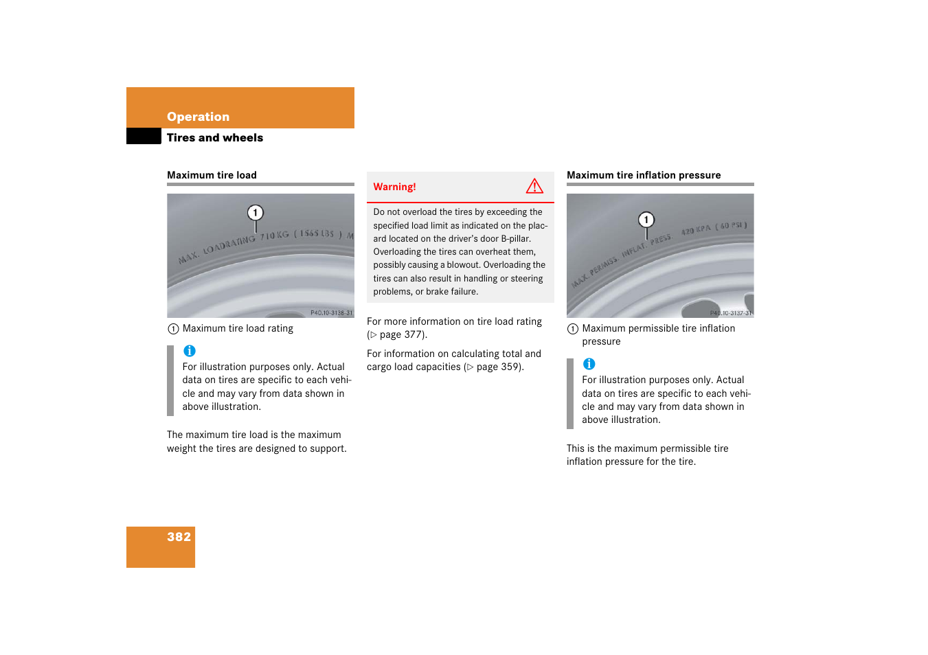 Maximum tire load, Maximum tire pressure, Maximum tire load maximum tire inflation pressure | Load, Tire load | Mercedes-Benz R-Class 2006 Owners Manual User Manual | Page 383 / 561