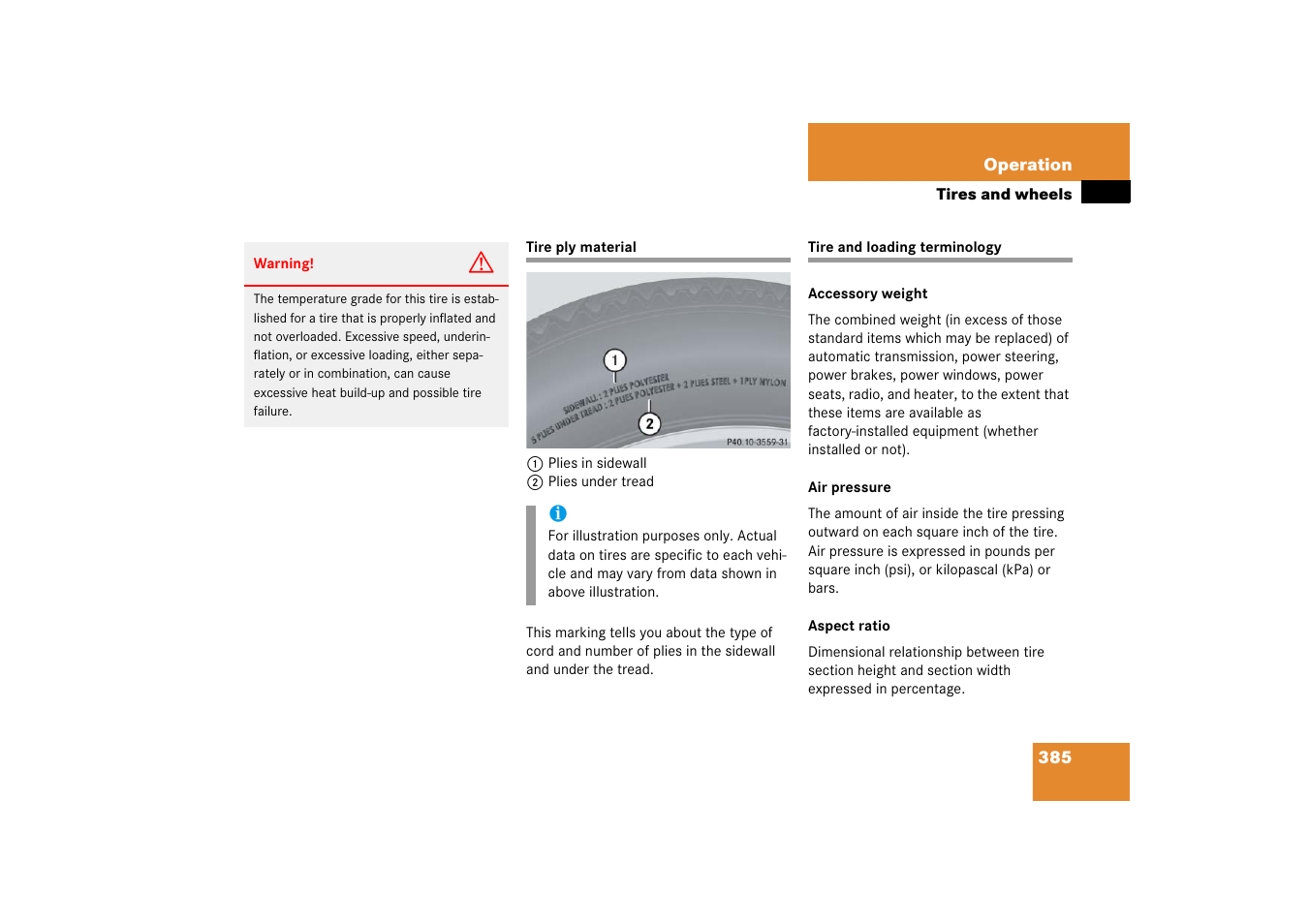 Tire ply material, Tire terminology, Tire ply material tire and loading terminology | Rial | Mercedes-Benz R-Class 2006 Owners Manual User Manual | Page 386 / 561