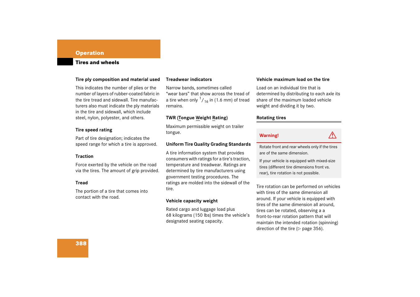 Tires:rotating, Rotating tires, Wall, see “tire speed rating | Mercedes-Benz R-Class 2006 Owners Manual User Manual | Page 389 / 561
