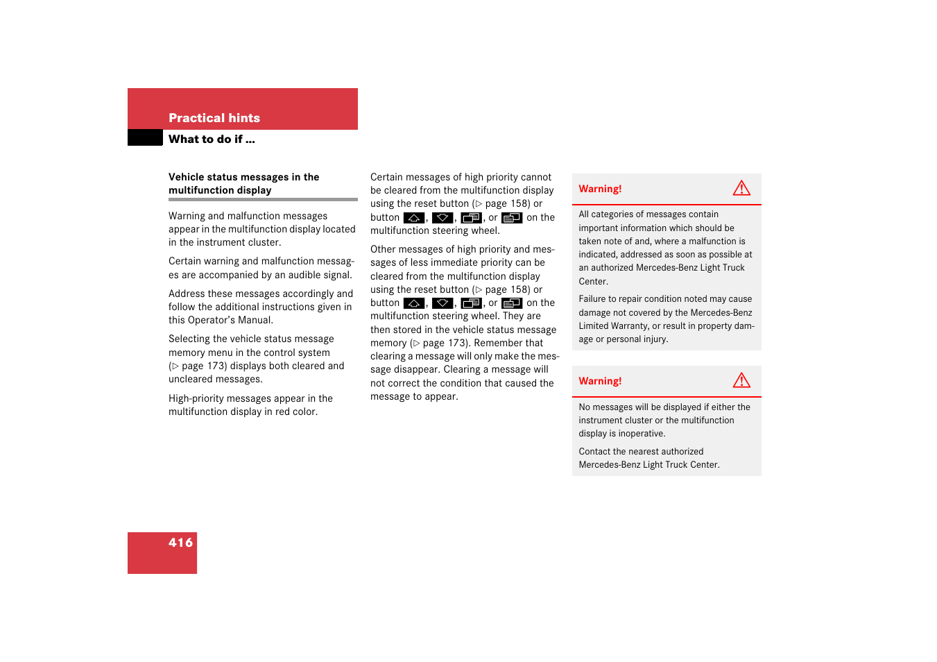 Practical hints:messages in the display, Display | Mercedes-Benz R-Class 2006 Owners Manual User Manual | Page 417 / 561