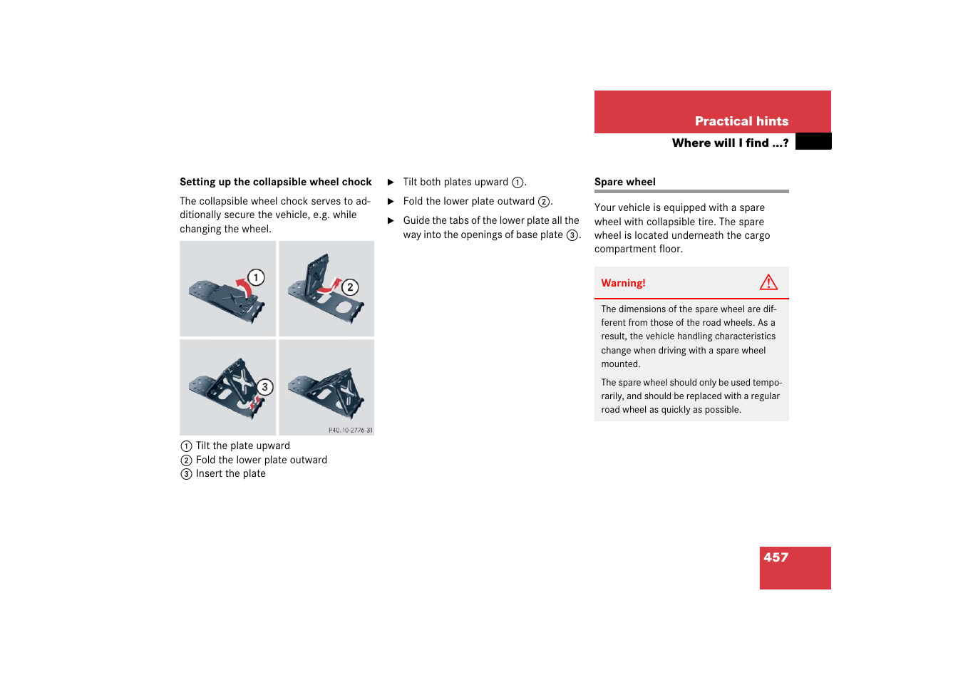 Practical hints:spare wheel, Spare wheel | Mercedes-Benz R-Class 2006 Owners Manual User Manual | Page 458 / 561