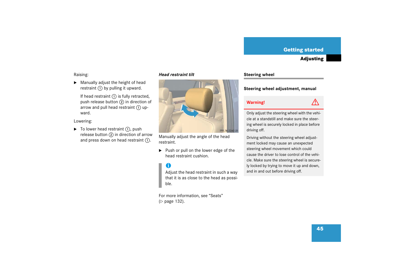 Adjusting:steering wheel, Steering wheel | Mercedes-Benz R-Class 2006 Owners Manual User Manual | Page 46 / 561