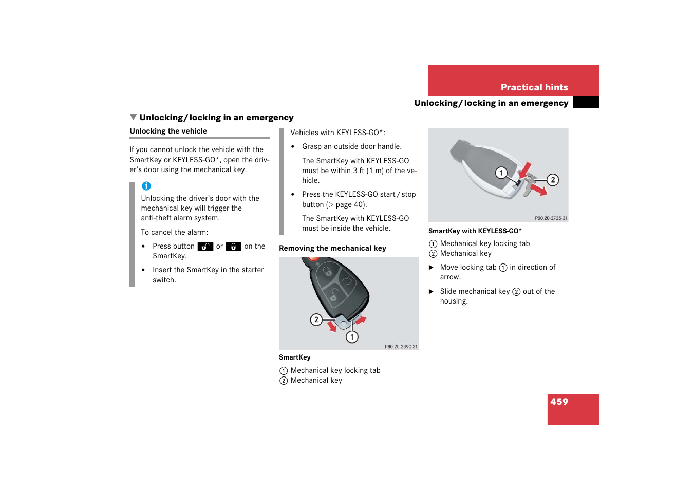 Unlocking:in an emergency, Unlocking:driver’s door in an emergency, Unlocking/locking in an emergency | Unlocking the vehicle, Ical key, see “unlocking the vehicle, Door | Mercedes-Benz R-Class 2006 Owners Manual User Manual | Page 460 / 561