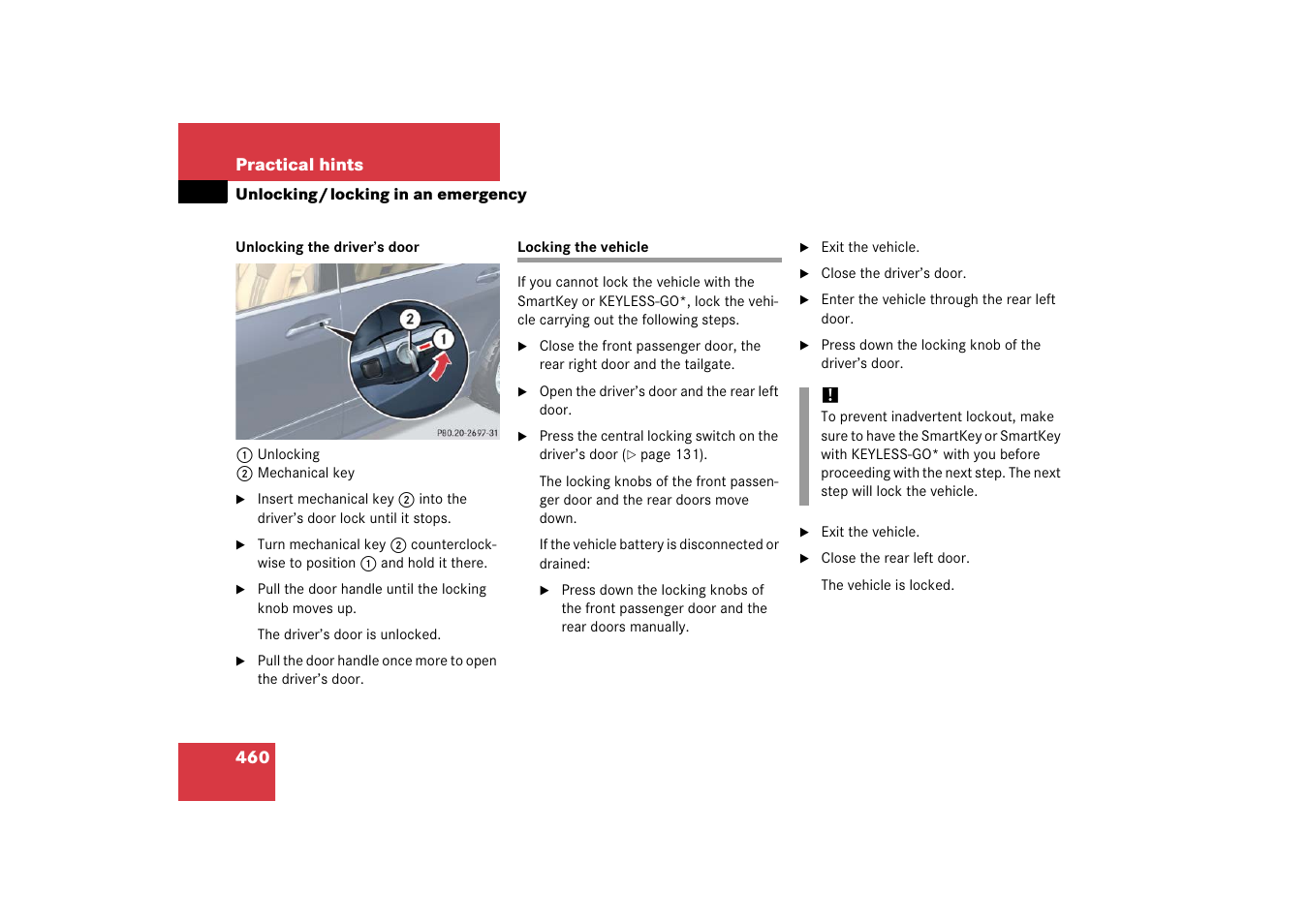Locking:vehicle in an emergency, Locking the vehicle | Mercedes-Benz R-Class 2006 Owners Manual User Manual | Page 461 / 561