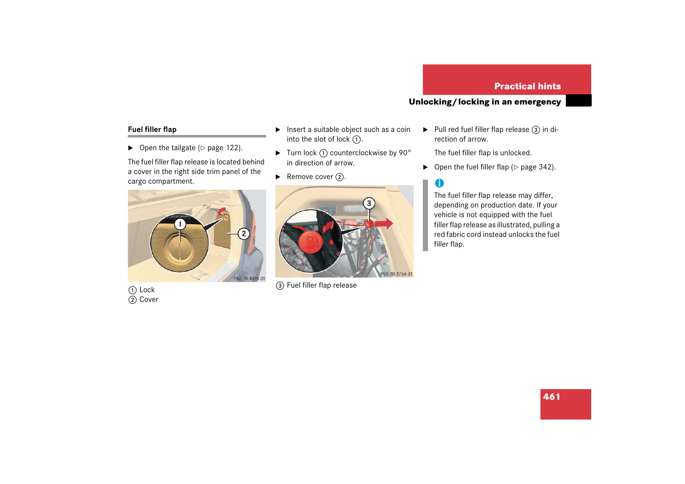 Fuel filler flap:opening, Fuel filler flap | Mercedes-Benz R-Class 2006 Owners Manual User Manual | Page 462 / 561