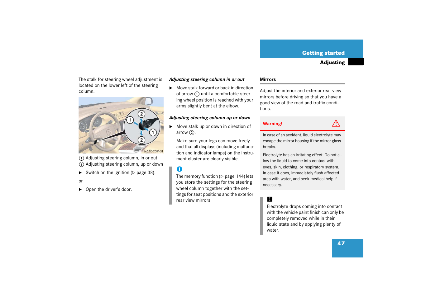 Mirrors:adjusting, Mirrors | Mercedes-Benz R-Class 2006 Owners Manual User Manual | Page 48 / 561