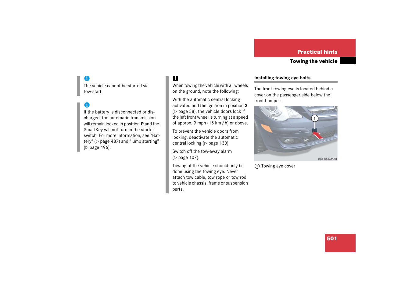 Front towing eye, Installing towing eye bolts | Mercedes-Benz R-Class 2006 Owners Manual User Manual | Page 502 / 561