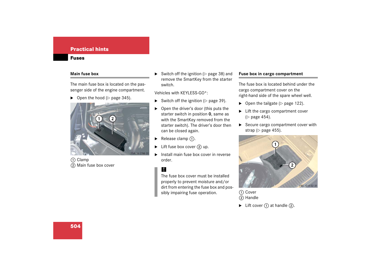 Fuses:main fuse box, Fuses:fuse box in cargo compartment, Main fuse box fuse box in cargo compartment | Mercedes-Benz R-Class 2006 Owners Manual User Manual | Page 505 / 561