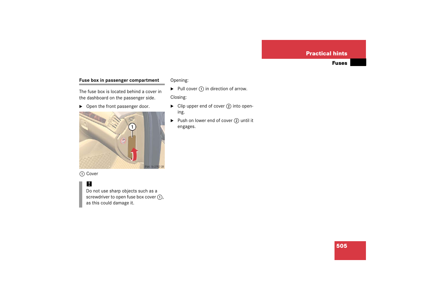 Fuses:fuse box in passenger compartment, Fuse box in passenger compartment | Mercedes-Benz R-Class 2006 Owners Manual User Manual | Page 506 / 561