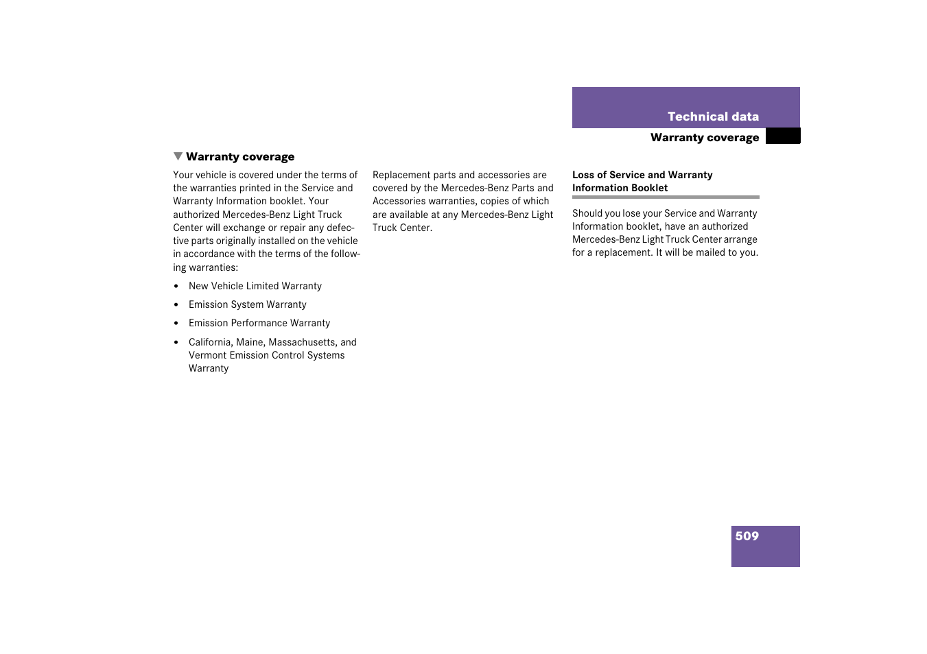 Warranty coverage, Loss of service and warranty information booklet | Mercedes-Benz R-Class 2006 Owners Manual User Manual | Page 510 / 561