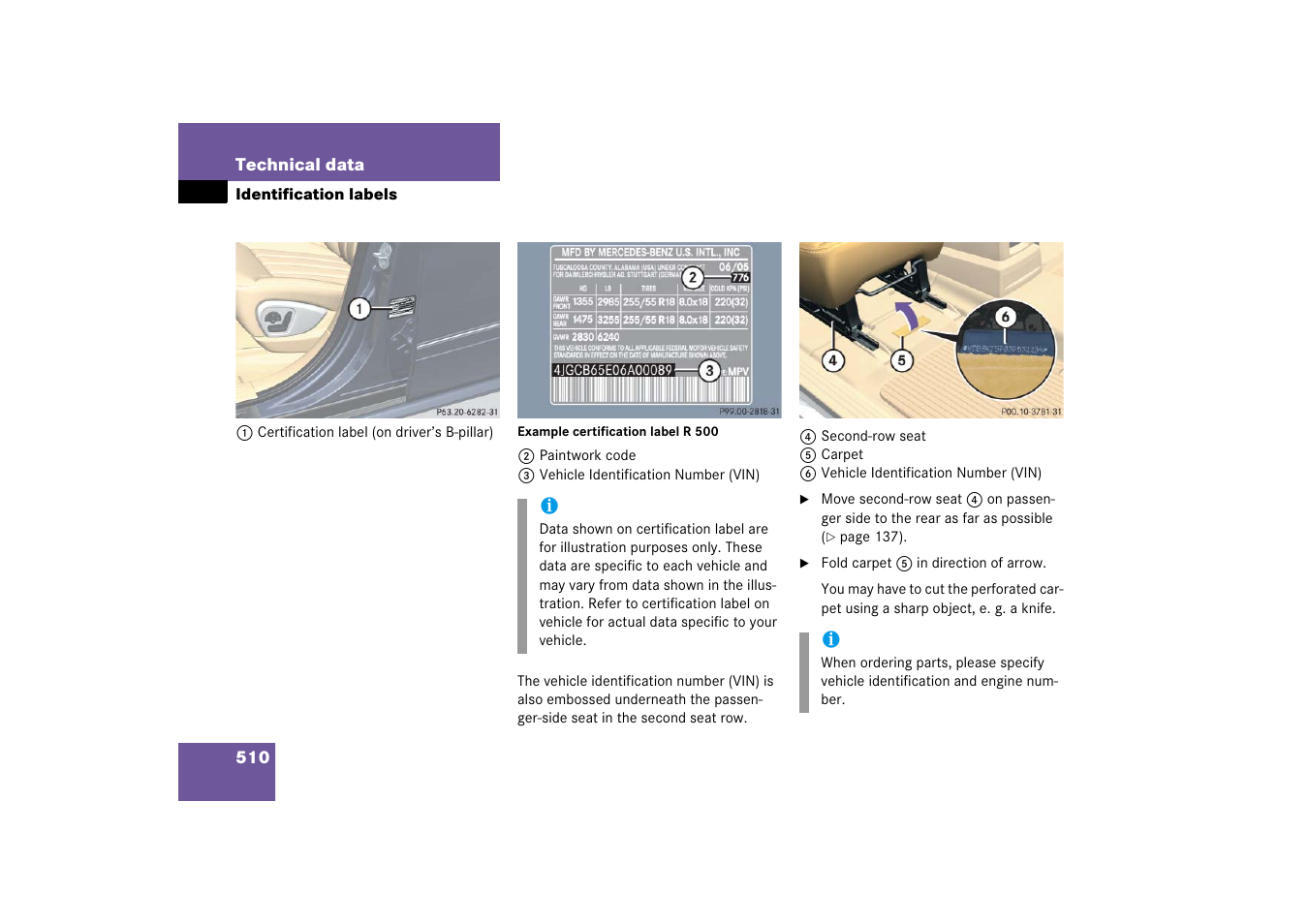 Identification labels, Er’s door b-pillar, Data | Mercedes-Benz R-Class 2006 Owners Manual User Manual | Page 511 / 561