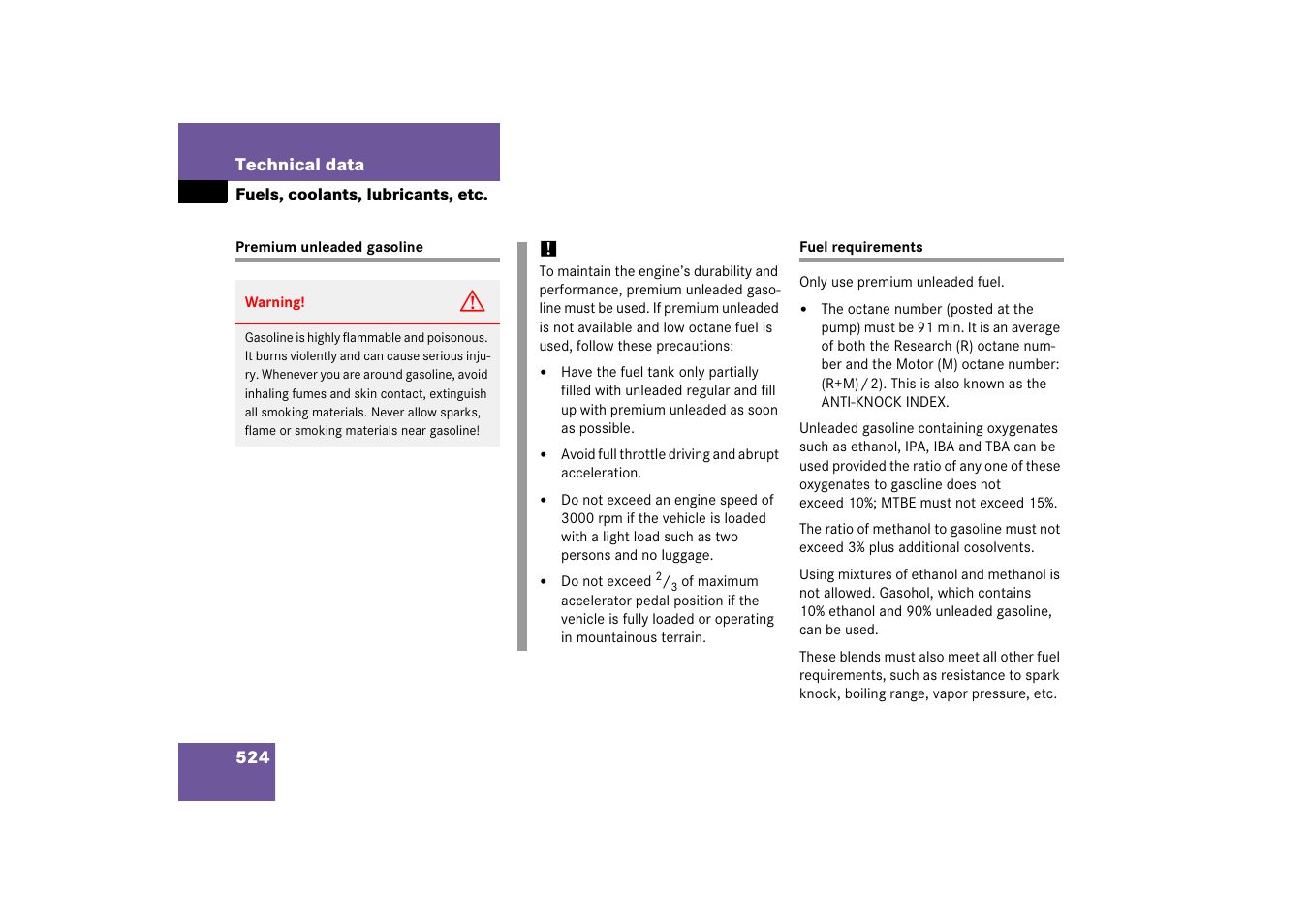 Premium unleaded gasoline, Technical data:fuel requirements, Premium unleaded gasoline fuel requirements | Mercedes-Benz R-Class 2006 Owners Manual User Manual | Page 525 / 561