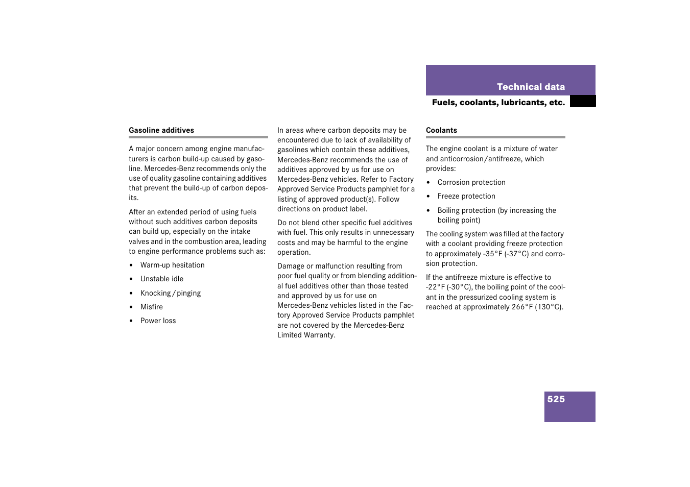 Technical data:gasoline additives, Coolant, Gasoline additives coolants | Mercedes-Benz R-Class 2006 Owners Manual User Manual | Page 526 / 561