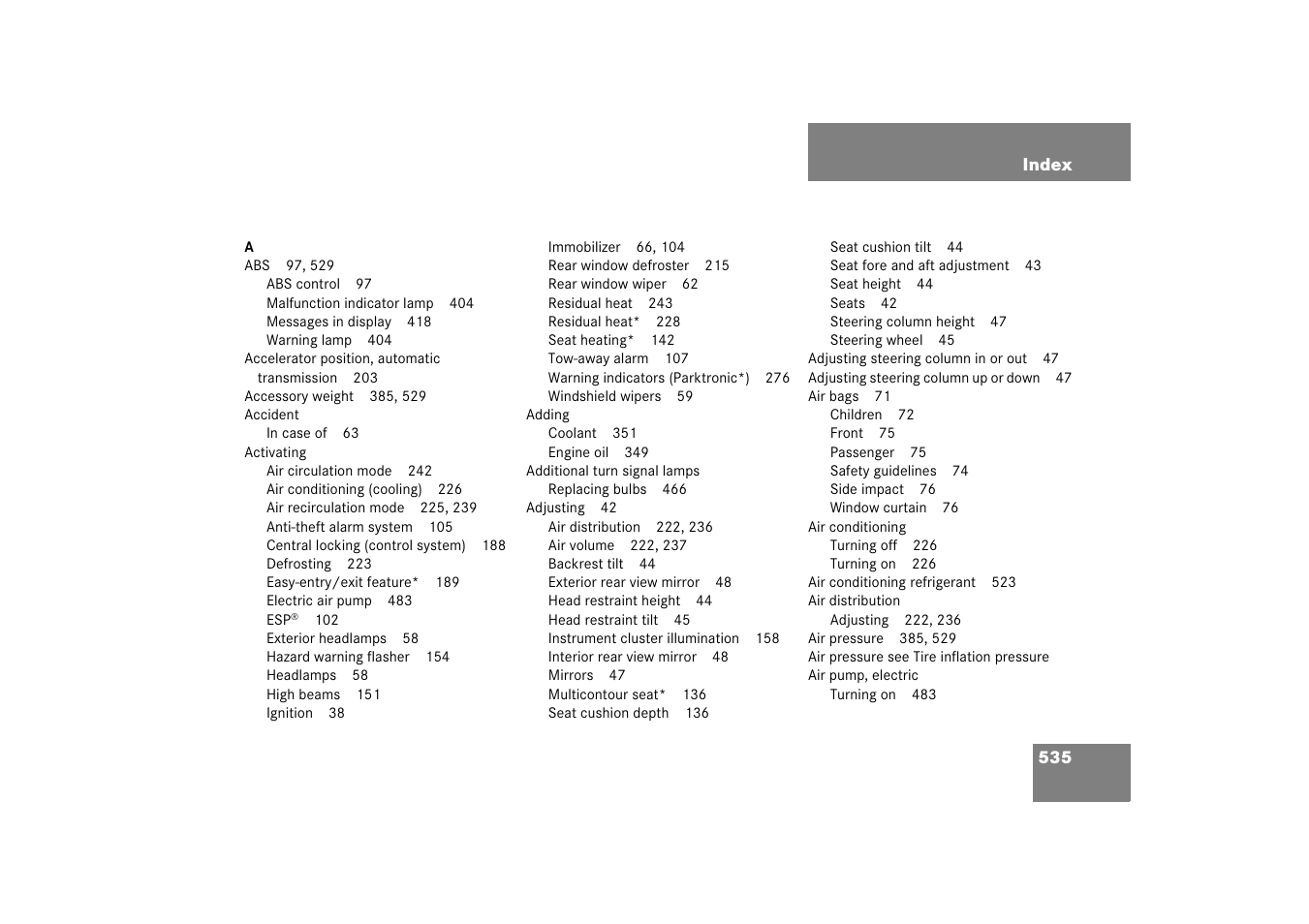 Index | Mercedes-Benz R-Class 2006 Owners Manual User Manual | Page 536 / 561