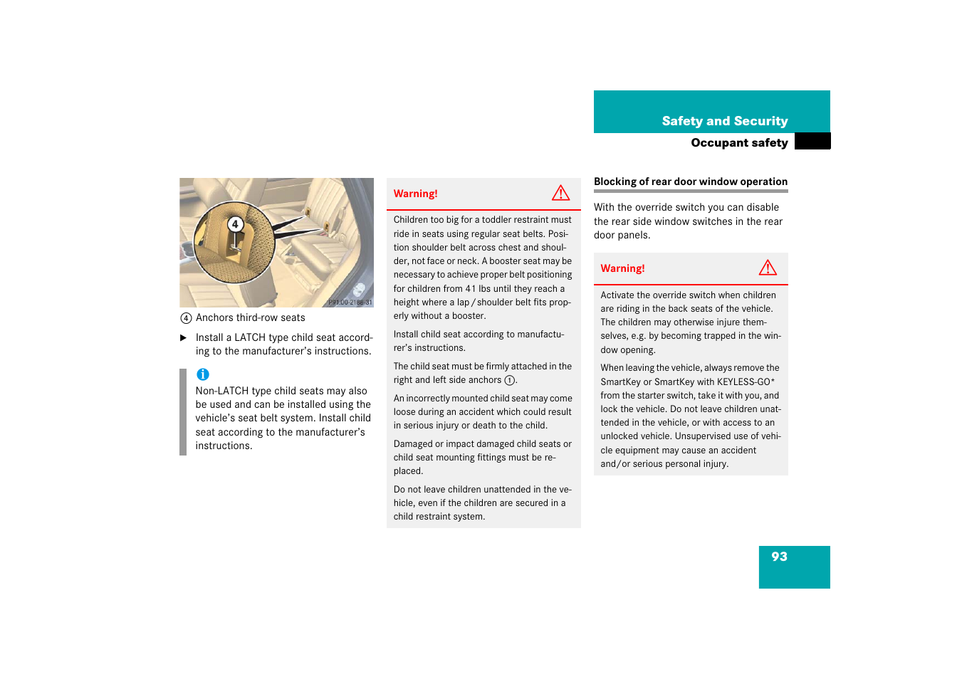 Rear door window:blocking operation, Blocking of rear door window operation | Mercedes-Benz R-Class 2006 Owners Manual User Manual | Page 94 / 561