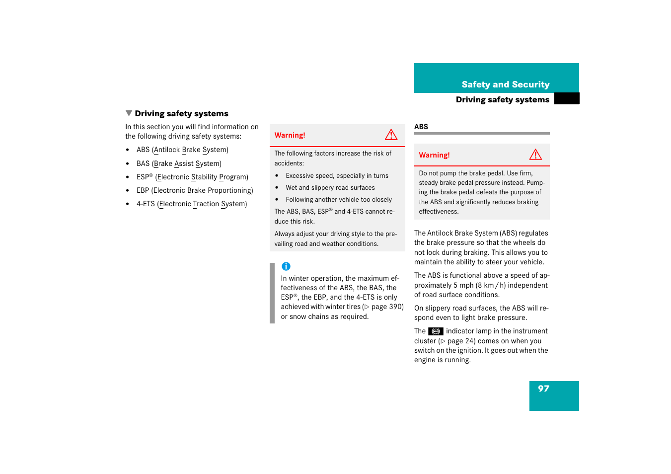 Driving:safety systems, Driving safety systems:abs, Driving safety systems | Mercedes-Benz R-Class 2006 Owners Manual User Manual | Page 98 / 561