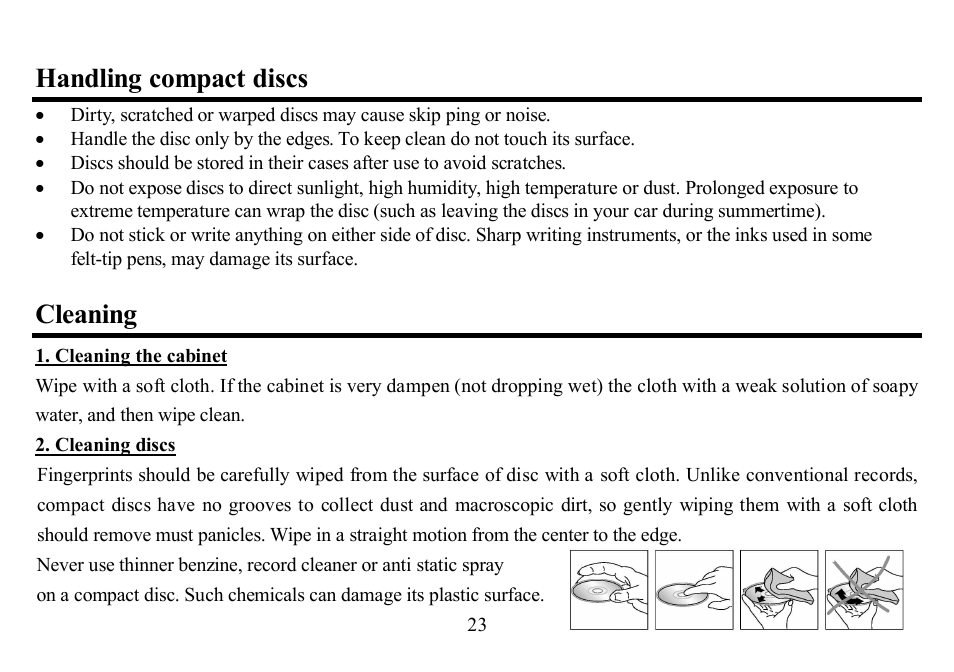 Handling compact discs, Cleaning | Hyundai H-CD7012 User Manual | Page 23 / 53