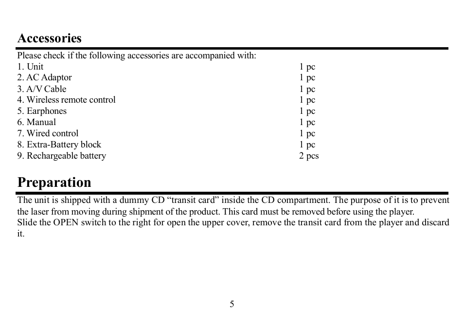 Preparation, Accessories | Hyundai H-CD7012 User Manual | Page 5 / 53