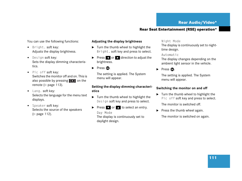111 rear audio/video | Mercedes-Benz M-Class 2006 COMAND Manual User Manual | Page 113 / 242