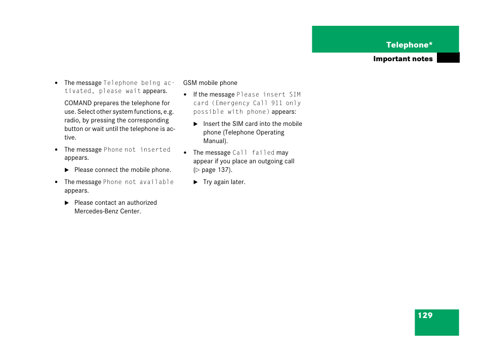 129 telephone | Mercedes-Benz M-Class 2006 COMAND Manual User Manual | Page 131 / 242