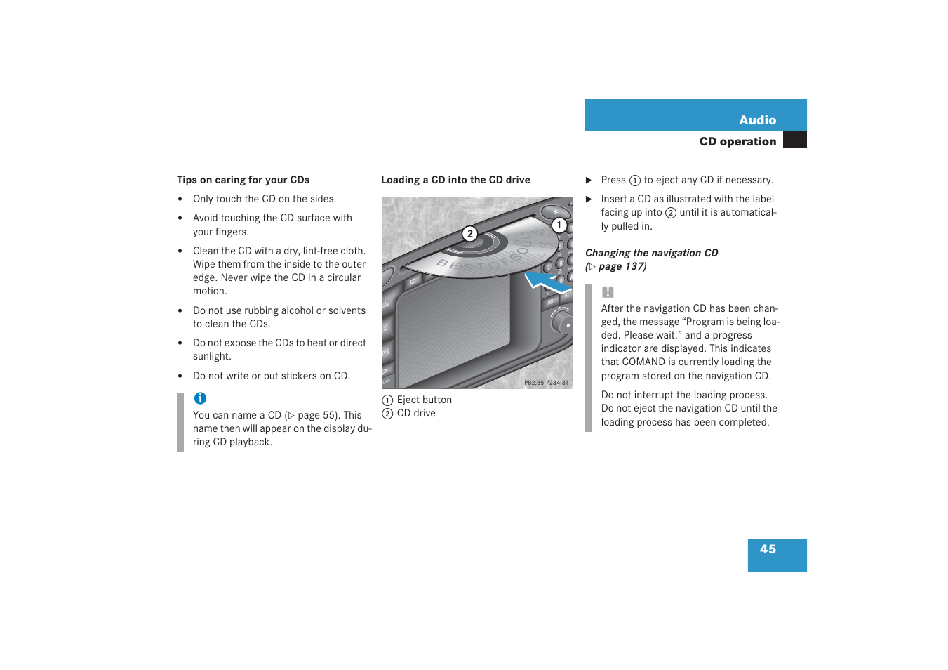 45 audio, Cd operation | Mercedes-Benz G-Class 2006 COMAND Manual User Manual | Page 51 / 239