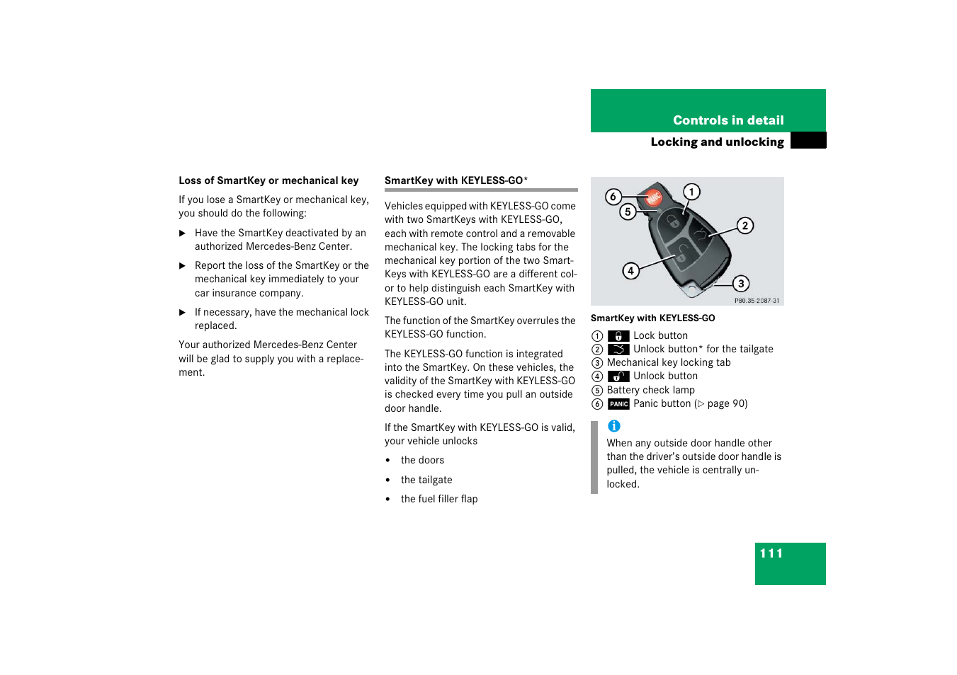 Smartkey with keyless-go, On, see “smartkey with keyless-go | Mercedes-Benz E-Wagon 2006 Owners Manual User Manual | Page 112 / 521