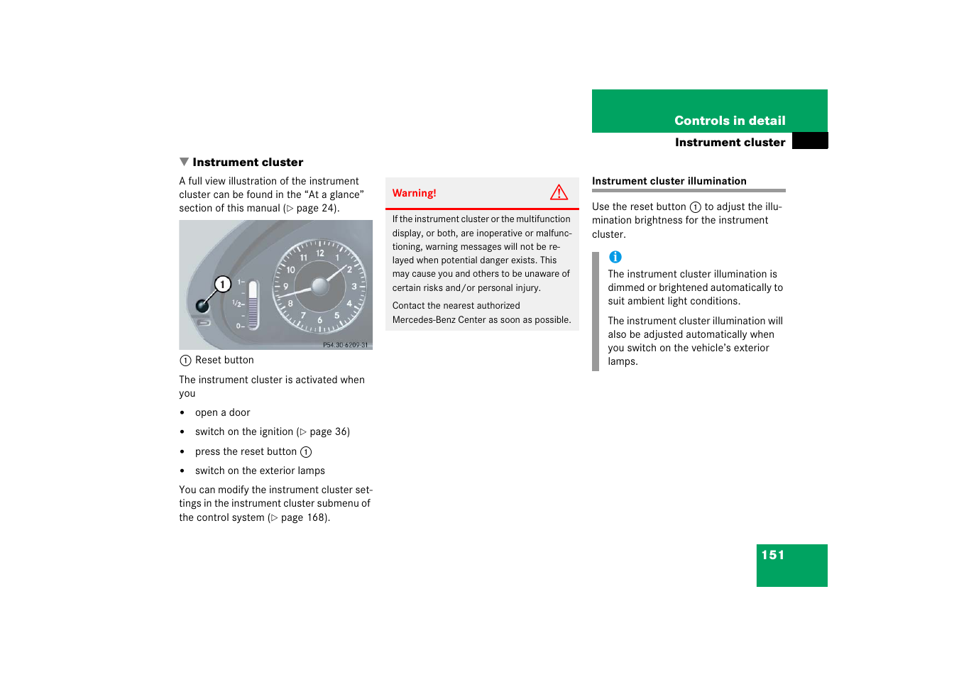 Instrument cluster, Instrument cluster illumination | Mercedes-Benz E-Wagon 2006 Owners Manual User Manual | Page 152 / 521