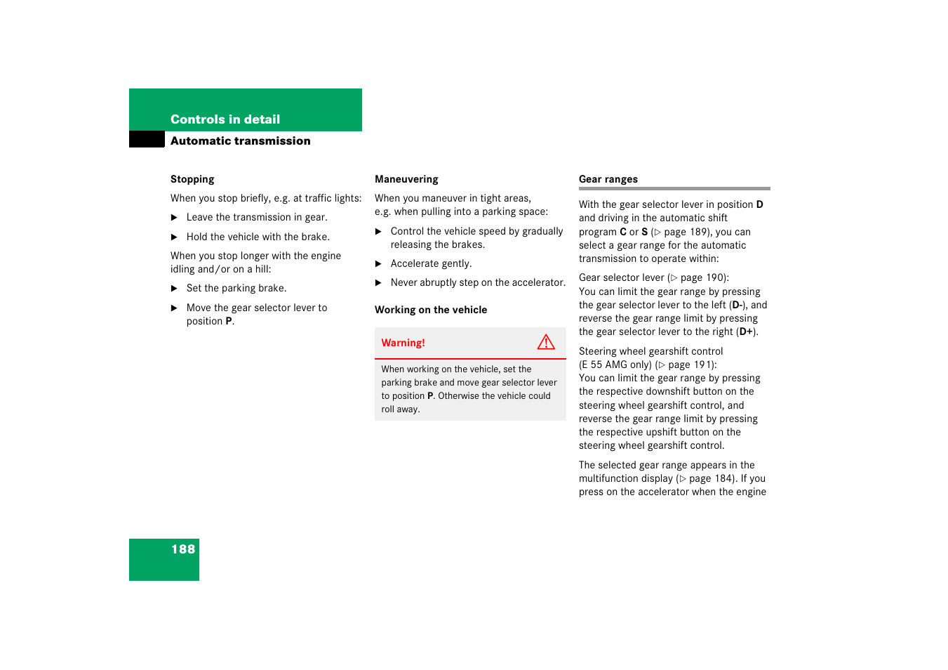 Gear ranges | Mercedes-Benz E-Wagon 2006 Owners Manual User Manual | Page 189 / 521