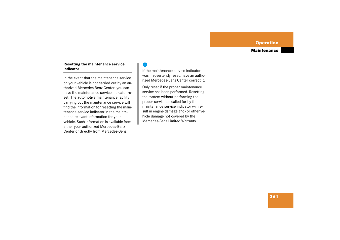 Maintenance:resetting service indicator, Resetting the maintenance service indicator | Mercedes-Benz E-Wagon 2006 Owners Manual User Manual | Page 362 / 521