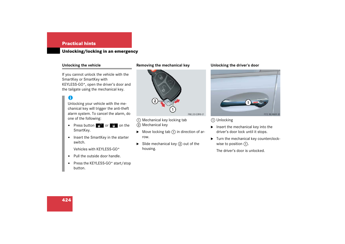 Unlocking the vehicle, Unlocking/locking in an emergency, Door | Mercedes-Benz E-Wagon 2006 Owners Manual User Manual | Page 425 / 521