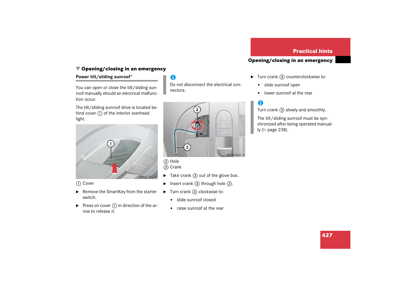 Opening/closing in an emergency, Power tilt/sliding sunroof | Mercedes-Benz E-Wagon 2006 Owners Manual User Manual | Page 428 / 521