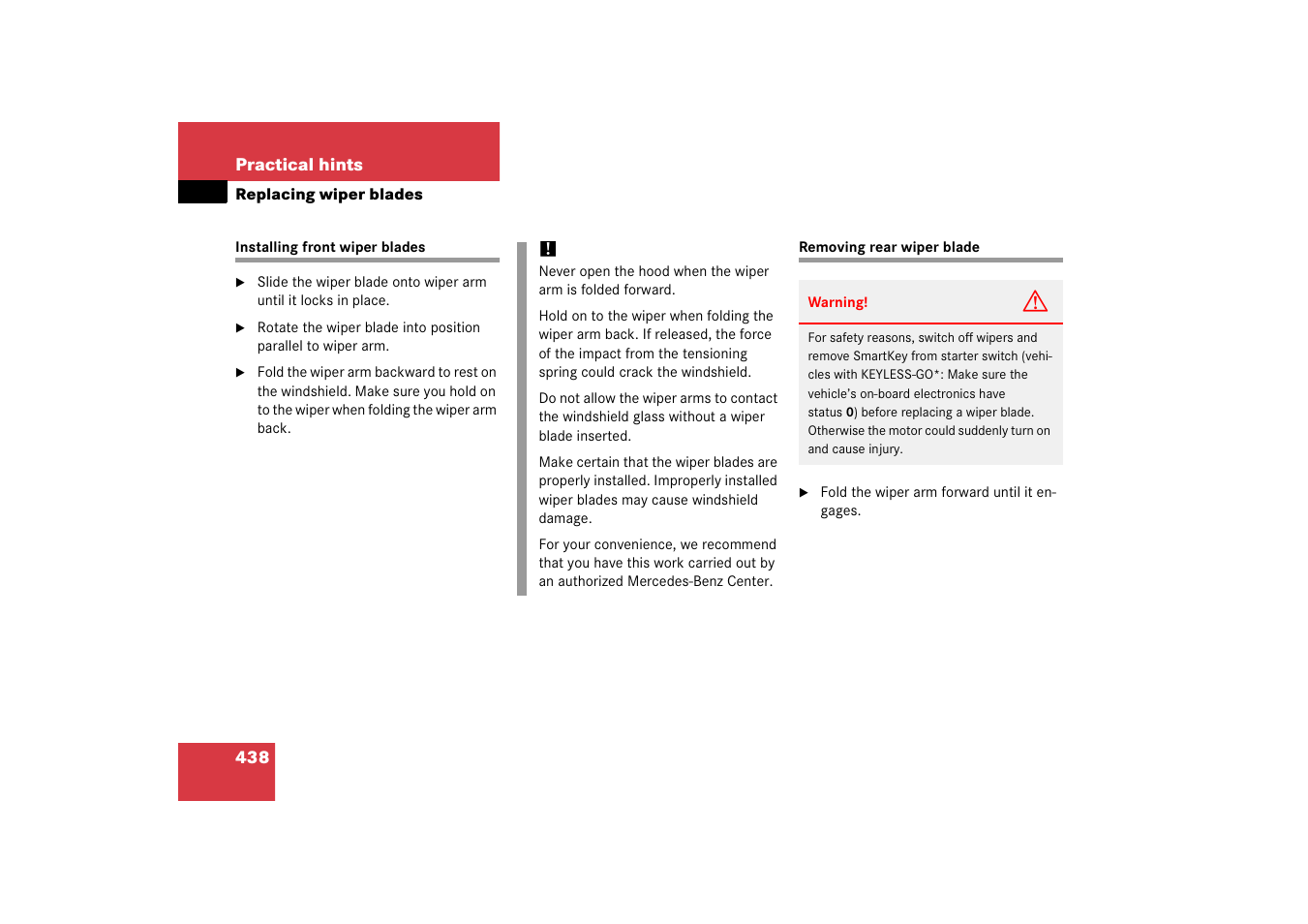 Windshield wipers:replacing wiper blade, Removing rear wiper blade | Mercedes-Benz E-Wagon 2006 Owners Manual User Manual | Page 439 / 521