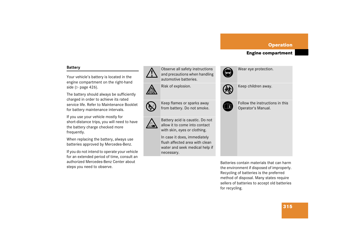 Battery | Mercedes-Benz CLK-Coupe 2006 Owners Manual User Manual | Page 316 / 489