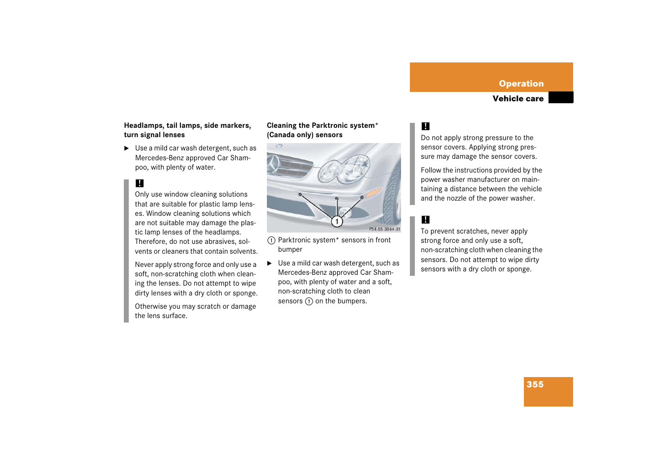 Cleaning the parktronic system, Canada only) sensors | Mercedes-Benz CLK-Coupe 2006 Owners Manual User Manual | Page 356 / 489