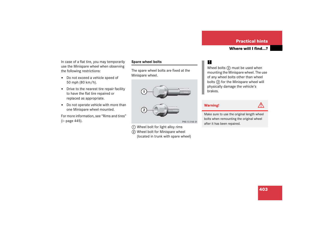Spare wheel:bolts, Spare wheel bolts | Mercedes-Benz CLK-Coupe 2006 Owners Manual User Manual | Page 404 / 489