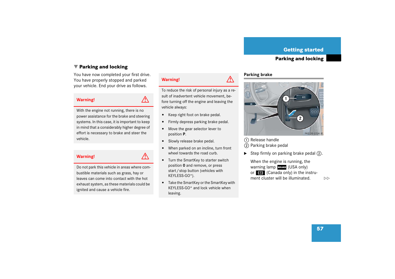 Parking and locking, Parking brake | Mercedes-Benz CLK-Coupe 2006 Owners Manual User Manual | Page 58 / 489