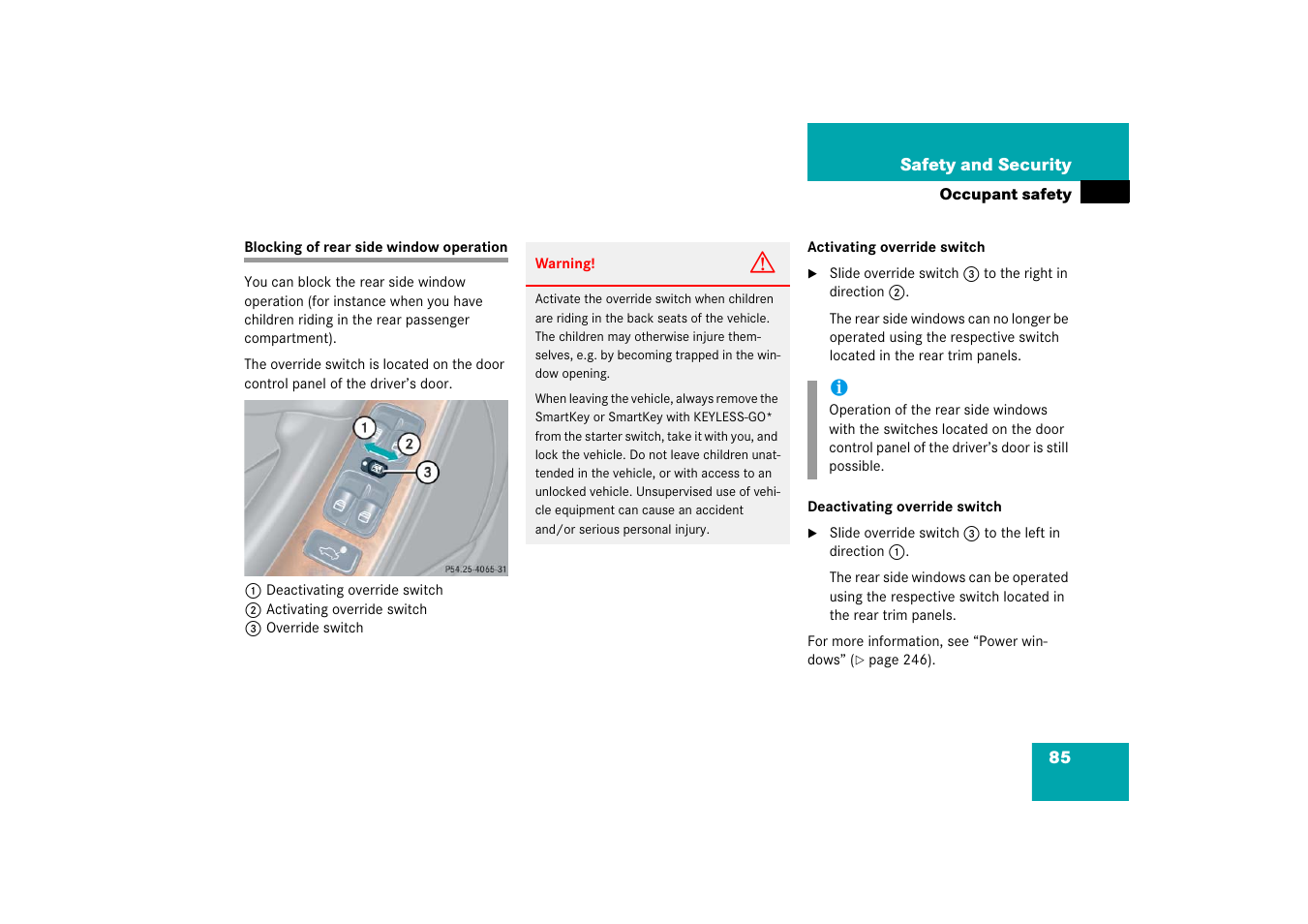 Rear side windows:blocking operation, Blocking of rear side window operation | Mercedes-Benz CLK-Coupe 2006 Owners Manual User Manual | Page 86 / 489