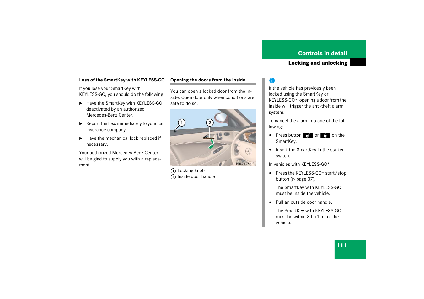 Doors:opening from inside vehicle, Opening the doors from the inside 111 | Mercedes-Benz CLS-Class 2006 Owners Manual User Manual | Page 112 / 498