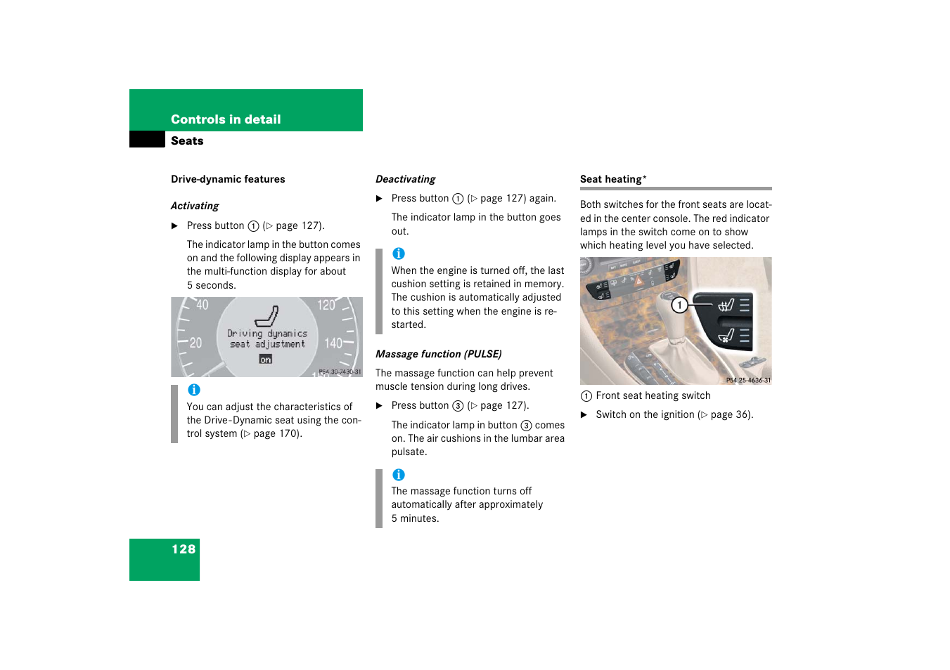 Seats:heating, Seat heating | Mercedes-Benz CLS-Class 2006 Owners Manual User Manual | Page 129 / 498