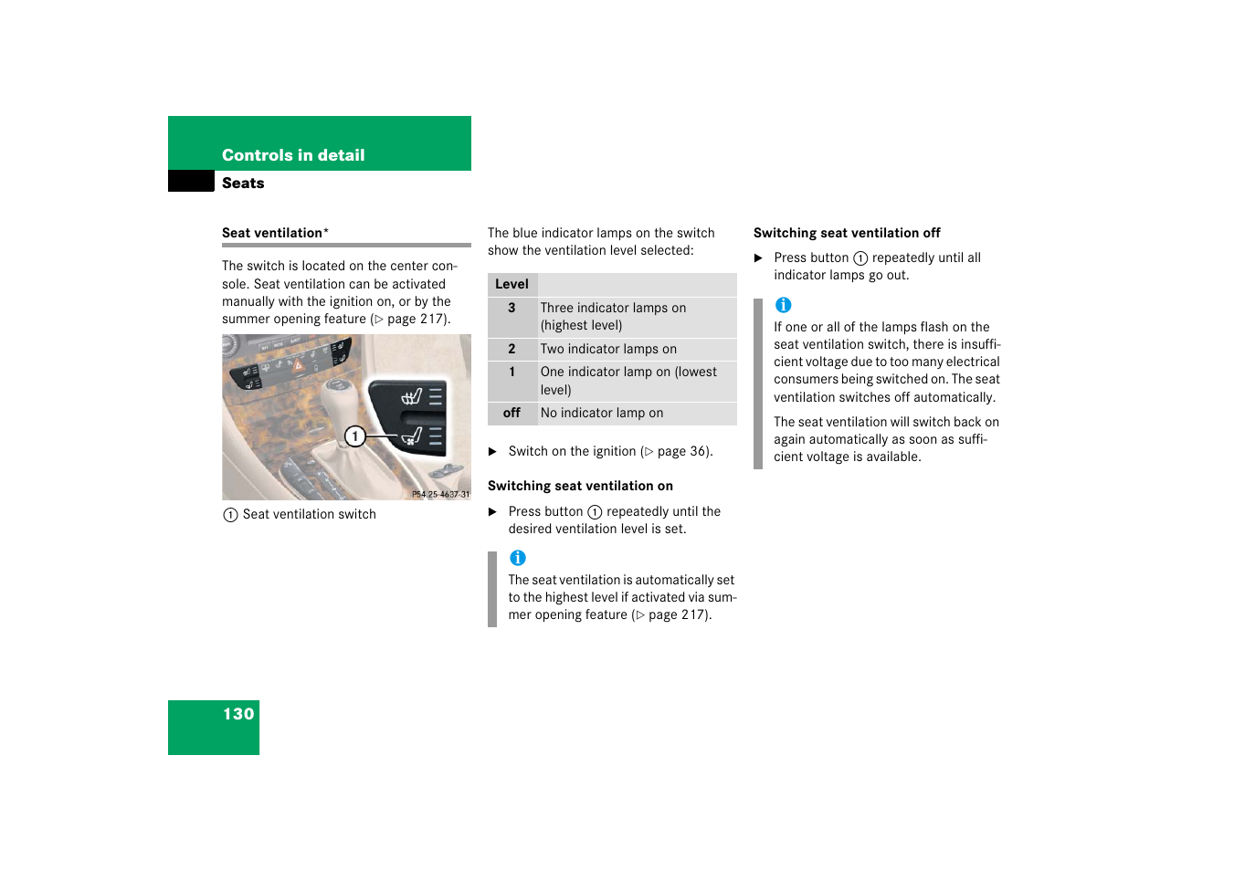 Seats:ventilation, Seat ventilation | Mercedes-Benz CLS-Class 2006 Owners Manual User Manual | Page 131 / 498