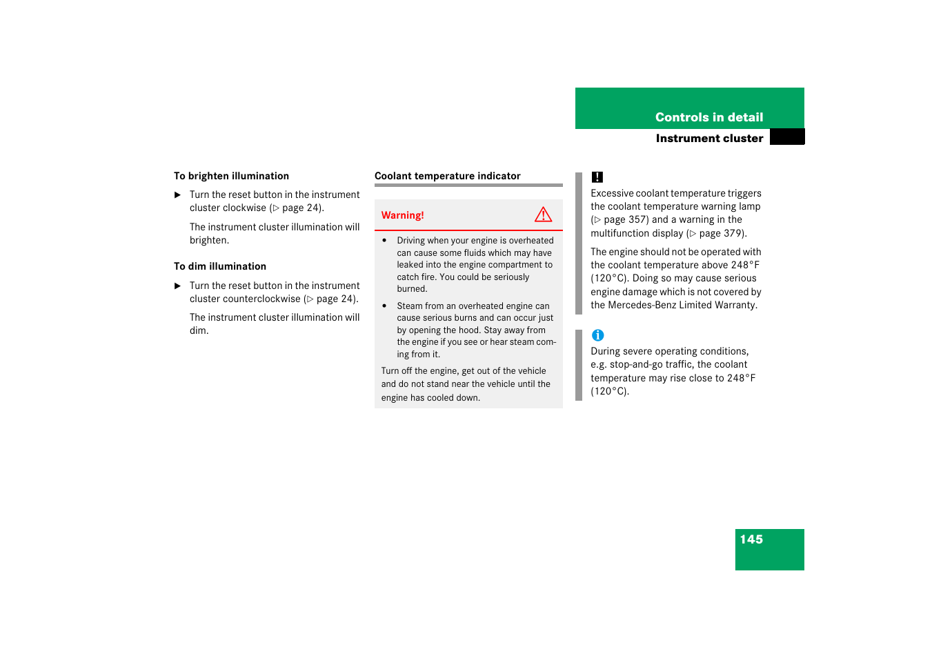 Instrument cluster:coolant temperature gauge, Coolant temperature indicator | Mercedes-Benz CLS-Class 2006 Owners Manual User Manual | Page 146 / 498