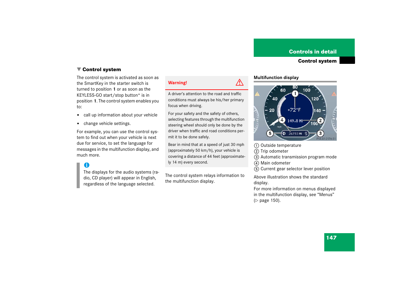 Control system, Instrument cluster:multifunction display, Multifunction display | Mercedes-Benz CLS-Class 2006 Owners Manual User Manual | Page 148 / 498