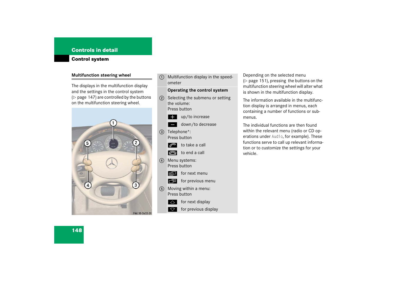Multifunction steering wheel:button operation, Multifunction steering wheel | Mercedes-Benz CLS-Class 2006 Owners Manual User Manual | Page 149 / 498