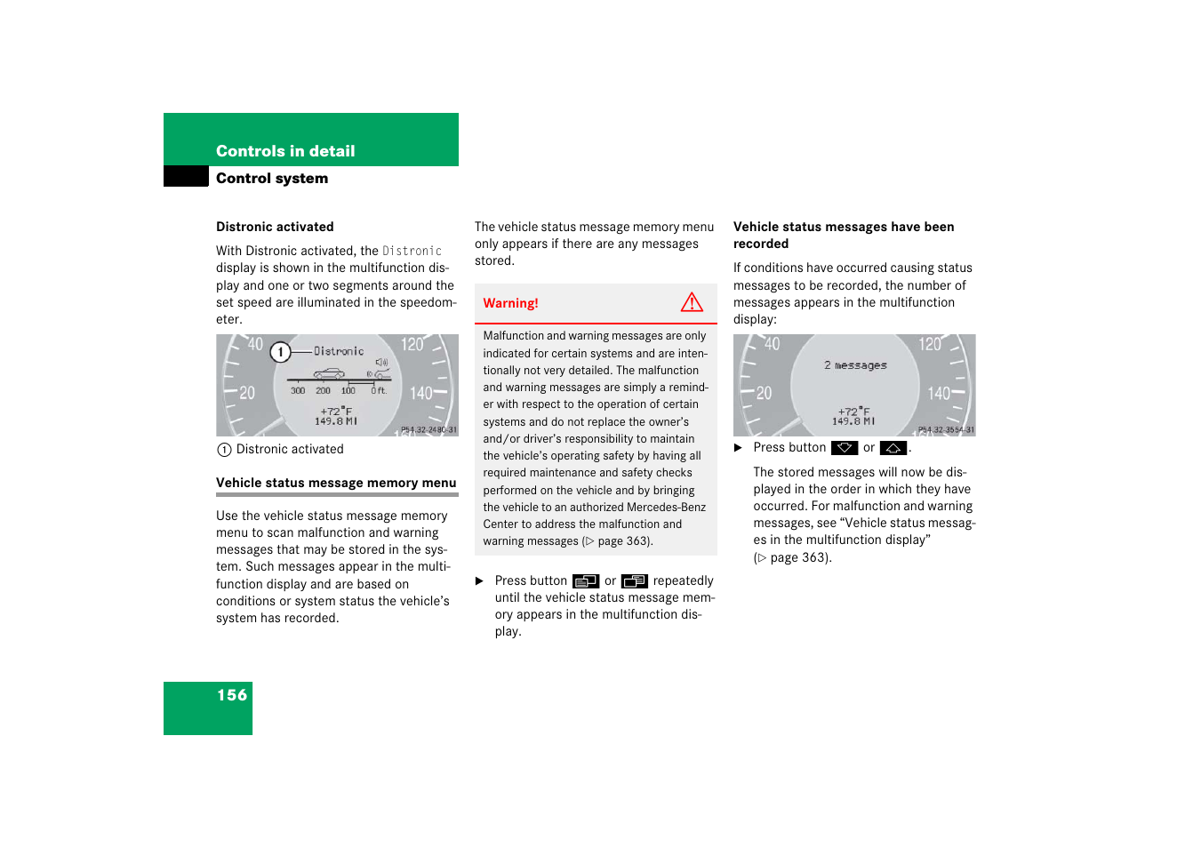 Menus:vehicle status message memory, Vehicle status message memory menu | Mercedes-Benz CLS-Class 2006 Owners Manual User Manual | Page 157 / 498