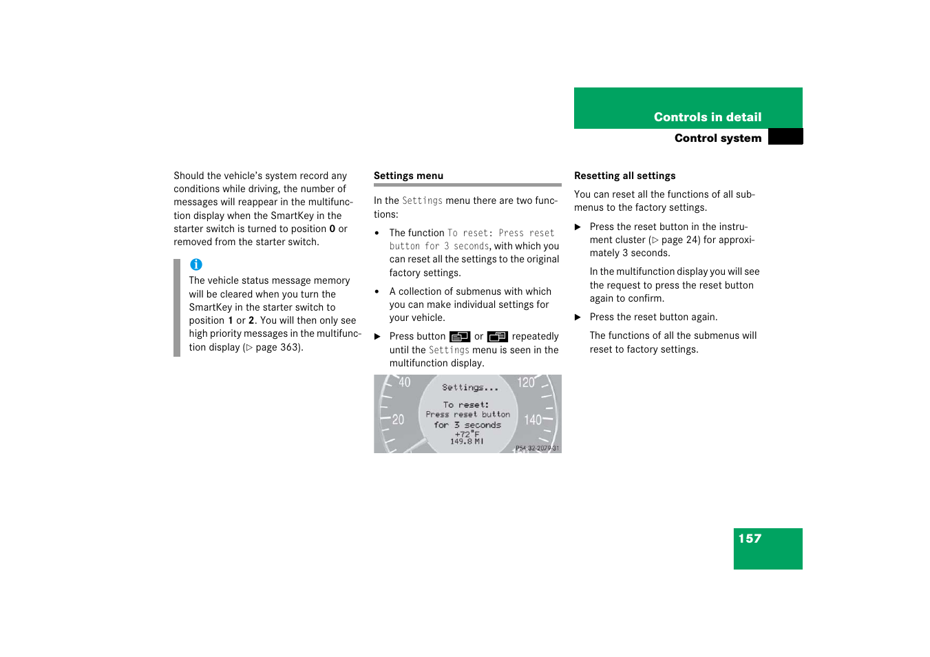 Control system menus:settings, Settings menu | Mercedes-Benz CLS-Class 2006 Owners Manual User Manual | Page 158 / 498